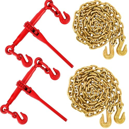Kettenspanner-Set (3/8-1/2), 2 x 3 m (10 Fuß) 3/8-Ketten und 2 Ratschenspanner,Ratschen-Kettenbinder für Industrie, Landwirtschaft, Abschleppdienste und Ladungssicherung