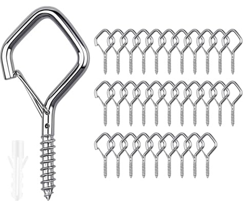 Woiekil 304 Stainless Steel Screw in Hooks Heavy Duty, 2.16 Inch Eye Hooks Windproof Ceiling Hooks for Hanging Plants, Outdoor String Lights, Bird Feeders and Home Decor (304 Stainless Steel, 32 Pcs)