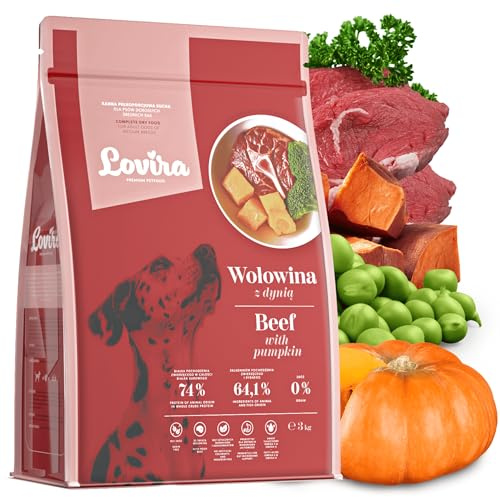 Lovira - Torrfoder för hundar - Hundtorrfoder - Spannmålsfritt, med hög kötthalt 50% nötkött - med pumpa, örter & grönsaker - Sensitivt hundtorrfoder - Vuxna hundar - 3 kg