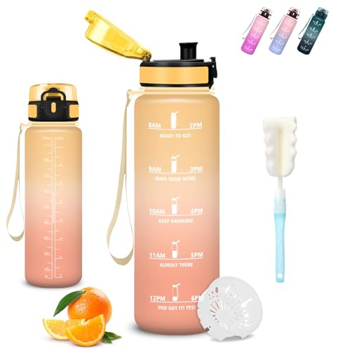 Mujigaga Gourde Sport, Gourde 1l, Anti Fuite, Gourdes Filtrante, Facile à Nettoyer, Gourdes Graduée pour 1 Journee, avec Brosse Éponge, Bouteille d'eau pour École, Camping, Natation, Gym, Triathlon