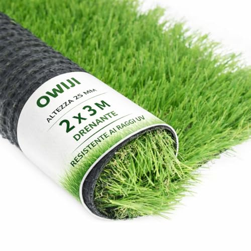 OWIJI Erba Sintetica per Esterno Prato 25 mm 2 x 3 MT Tappeto Verde Alta Densità Rotolo Pavimento Giardino Artificiale Manto Sintetico Resistente Terrazzi Giardini Piscine Erbetta