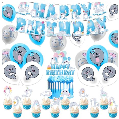 Seal Birthday Party Decorations Seal Party Supplies Includes Seal Birthday Banner Cake Topper Cupcake Toppers Balloons