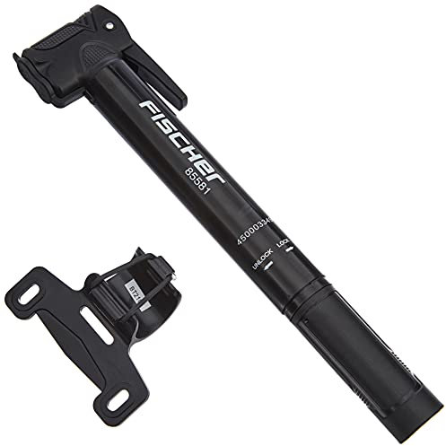 Fischer 85581 - Mini Pompa per Bicicletta, con Impugnatura a T, Elevata Potenza di pompaggio, con Doppia Testa, Chiusura Rapida, con Supporto per Telaio, Colore: Nero