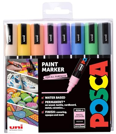 POSCA 153544854 PC-5M „Pastel Paint in a Pen“-Set, 2,5 mm breite Kugelspitze, wasserbasierte Filzstifte, 8 Farben