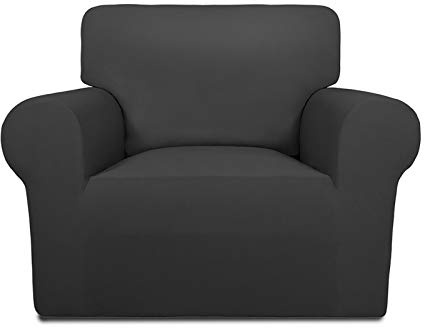 PureFit Super Stretch Chair Sofa Slipcover – Spandex Non Slip Soft Couch Sofa Cover, Washable Furniture Protector with Non Skid Foam and Elastic Bottom for Kids, Pets （Chair, Dark Gray）