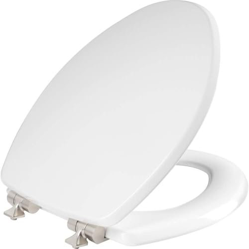 MAYFAIR 126NISL 000 Benton Toilet Seat with Brushed Nickel Hinges Will Slow Close and Never Come Loose, Elongated, Durable Enameled Wood, White