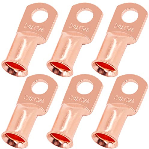 Swpeet 6Pcs 2/0 AWG - 3/8 (M10) Ring Terminals UL Listed Copper Battery Cable Lugs Wire Lugs, Battery Cable Ends Bare Copper Eyelets, Tubular Ring Battery Cable Ends for Enhanced High Temperature