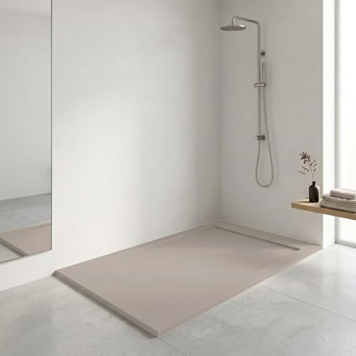 Plato de ducha resina FLOW desagüe lineal frontal color Arena 160x80 textura pizarra antideslizante rejilla extraplana integrada a juego. Incluye válvula de desagüe