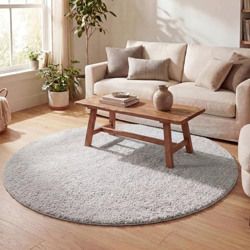 FRAAI | Home & Living Teppich Hochflor Rund - Lofty Hellgrau - Ø 100 cm | Einfarbig - Ländlich, Modern, Skandinavisch - Wohnzimmer, Esszimmer, Schlafzimmer - Fellteppich