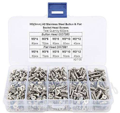 Sechskantschrauben mit Innensechskantkopfschrauben, Sechskantschraubensatz 304 Edelstahl Pan/Flachkopf Boxed Hardware Zubehör zum Verbinden von Holz (600 Stück)