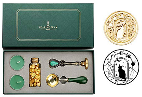 Holzsammlung Vintage Retro Siegelstempel Set, mit Siegellack Perlen+1 Siegelstempel+ 1 Wachsschmelzlöffel+2 Teekerzen, für Einladungen Hochzei Weinverpackungen Geschenkverpackungen und Grußkarten
