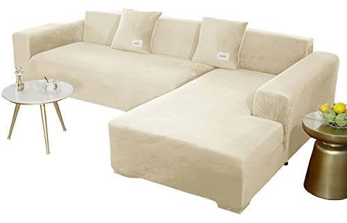JHLD Stretch Samt Sofabezug L Form-Beige-3 Sitzer+4 Sitzer | Weich Bequem Anti-rutsch überzug ecksofa Waschbarer Für Kinder Haustiere Hunde Katzen