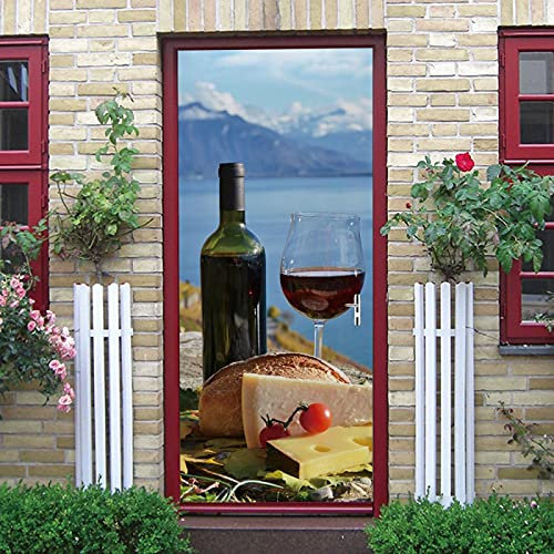 LuSeven fototapete Rotwein Kelch Brot 90x215cm(35.43 inches * 84.64 inches) 3D Türsticker Selbstklebend Tapete Wasserdichtes Abnehmbare Wohnzimmer Wandtattoos Vinyl Wandbild Wohnkultur