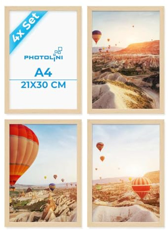 PHOTOLINI Cadre A4 21 x 30 bois MDF naturel, lot de 4 cadres photo pour posters et affiches, verre acrylique incassable, décoration murale à suspendre & à poser, avec accessoires supplémentaires