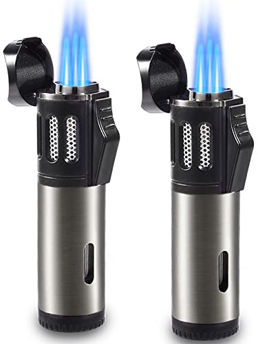 Urgrette 2 Pack Torch Lighter Triple 3 Jet Flame Butane Gas Lighter Refillable Jet Torch Lighters Adjustable Windproof Pocket Lighter for Grill Kitchen Fireplace Camping (Fuel Not Included)