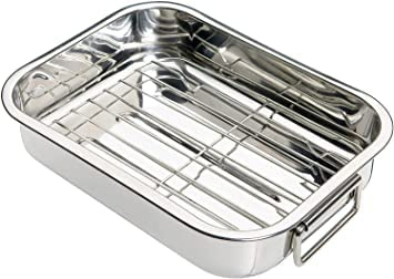 Nobel -Stainless Steel Deep Baking Pan, Roasting Tray, with Rack (Pan with Rack 35x26x5.5 cm.)