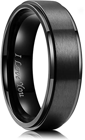 King Will Men 6mm Black Matte Brushed Stainless Steel Ring Stepped Beveled Edge Laser Etched I Love You 14
