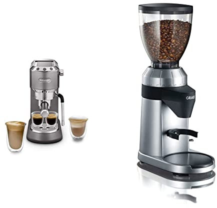 De'Longhi Dedica Arte EC 885.GY, Espresso Siebträgermaschine, 15 cm breit, 1 Liter Wassertank, Grau & Graef Kaffeemühle CM 800,128W,350 Gramm, 23 x 13.2 x 38.5 cm, Silber