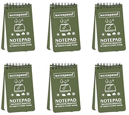 Geluode 6 Stück Wasserdichtes Notizbuch, Spiralbindung, 7,6 x 12,7 cm, Einband Grün, 100 Seiten, 50 Blatt, Taktischer, Wasserdichter Allwetter-Notizblock mit Raster für Outdoor-Aktivitäten
