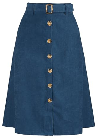 Allegra K Damen-Midirock aus Cord, hohe Taille, Knopfleiste vorne, A-Linie, Gürtel, Pfauenblau, Mittel