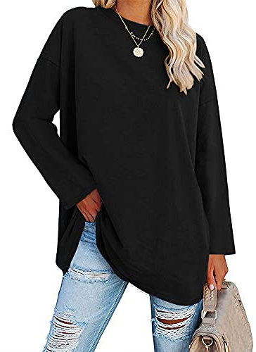 Ebifin Oversize Langarmshirt Damen Longshirt Rundhalsausschnitt Oberteil Langarm T Shirts Pullover Basic Tunika Tee Tops.Schwarz.XXL