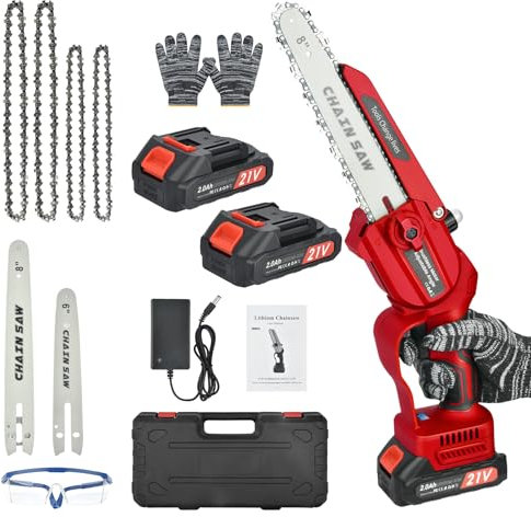 Mini Tronçonneuse à Batterie 6 & 8 Pouces – Tronçonneuse Sans Fil 2 en 1 avec Batterie 2 x 2000 mAh & Lubrificateur Automatique pour Couper du Bois D'une Seule Main Dans Les Jardins D'arbres