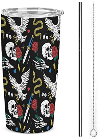 FJAUOQ Old Tattoo Line Pattern 590 ml Edelstahl Becher auslaufsicher isoliert Reise-Kaffeetasse mit Deckel Strohhalm und Strohhalm Bürste Doppelwand Wasserflasche Tasse