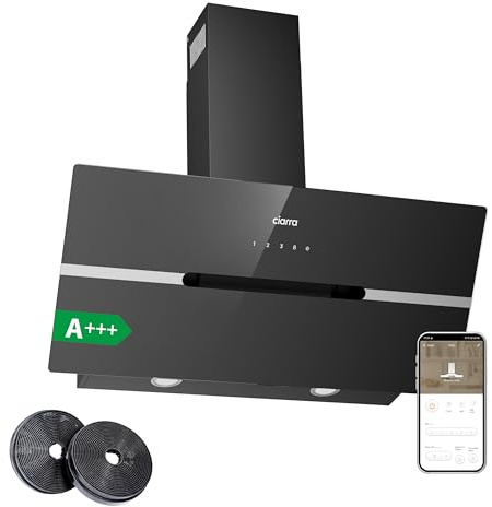 CIARRA AWB9736F A+++ Dunstabzugshaube 90cm Umluft Kopffreie Schräghaube 650m³/h automatisch Glasplatte Touch-Bedienung Booster Abluft mit CBCF003 Aktivkohlefilter 4 Stufen Schwarz