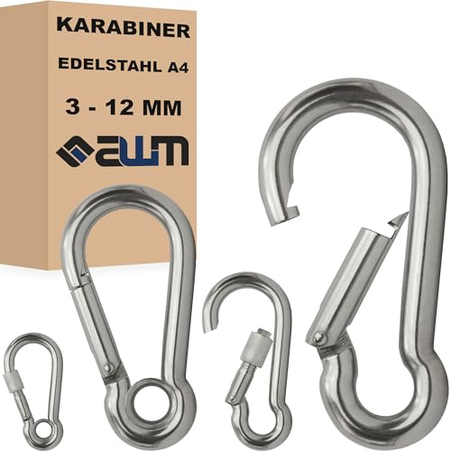 Edelstahl Karabiner Karabinerhaken Kausche Mutter klein groß Schnapphaken V4A AISI 316 Schlüsselanhänger Zubehör (Karabiner mit Sicherheitsmutter & Kausche)