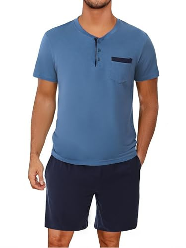 Aseniza Schlafanzug Herren Kurz Baumwolle mit Knopfleiste Pyjama Sommer Kurzarm Oberteil und Pyjamahose für Männer,Blau,XXL