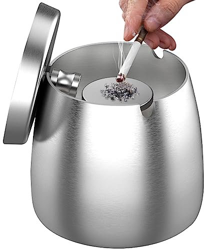Posacenere con coperchio (10 x 9 x 10 cm) – Posacenere per esterni, grande posacenere per esterni, posacenere antivento in acciaio inox, posacenere con fondo, posacenere per esterni – argento