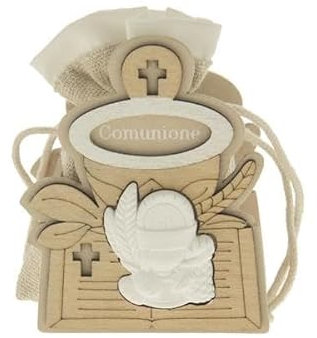 PuntoCasaStore Lot de 12 sachets d'art en bois, calice colombe, communion, hauteur 8 cm, bonbonnière, porte-dragées