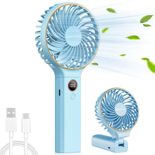 NIUAWASA Handventilator, Tragbarer 5000mAh-Lüfter Mini-Ventilator Kleiner Ventilator mit Notstromversorgung Tischventilator Handventilator Wiederaufladbarer Elektrischer Ventilator (Blau)