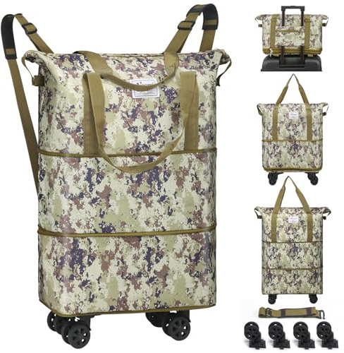 VOOWO Reisetasche mit Rollen, faltbar, erweiterbar, Reisetasche mit Rädern für Reisen, Rollgepäck, Handgepäck mit Rollen, großer Rollrucksack, Wochenendtaschen für Männer und Frauen, Camouflage,
