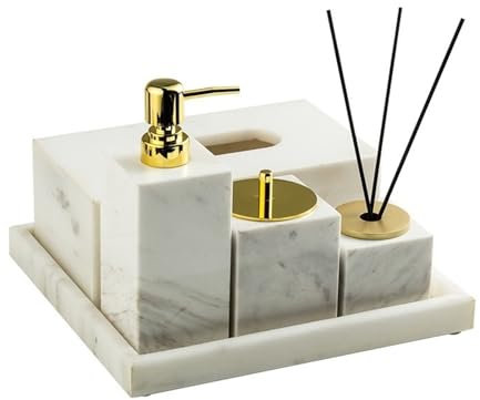 Seifenspender 5-teiliges Luxus-Marmor-Badezimmerzubehör-Set. Marmor-Seifenspender-Set, 1 Lotionspender, 1 Taschentuchbox, 1 Zahnstocher-Organizer, 1 Aromatherapie-Flasche und 1 Tablett, perfekt for da