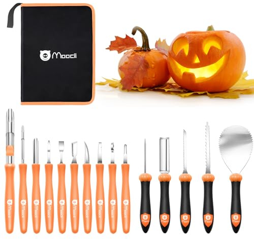 Kürbis Schnitzset Halloween Pumpkin Carving: 15pcs Professionelle Hochleistungs Edelstahl Kürbisschnitz Set DIY Schnitzmesser mit Kindern und Familie Tragbar Kürbis Schnitzwerkzeug mit Tragetasche