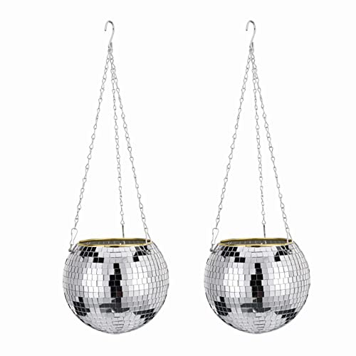 Mirrored Disco Ball Hanging Planter Set 2 Pack Boho Plant Hanger with Hooks Chain Wall Mounted Flower Basket for Indoor Plants Silver Disco Ball Decor 20CM