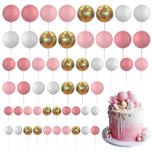 Bosillsm 60 Pcs Ball Cake Topper Balloons Decoration DIY Insert Topper Foam Cake Balls Baking for Christmas Wedding Anniversary Birthday (Pink, Gold, White)