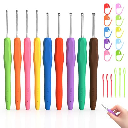Crochet Hooks Set, 9 PCS Crochet Needles Kits 9 Sizes Crochet Kits Ergonomic Soft Grip Handle for Arthritic Hands, Knitting Accessories with 10 Locking Stitch Markers for Beginners Adults, DIY, Gift