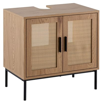 FineBuy Waschbeckenunterschrank 60x40x60 cm Eiche-Optik mit Türen | Badezimmerschrank mit Siphonausschnitt und Geflecht-Fronten, Unterschrank stehend für alle Waschbecken