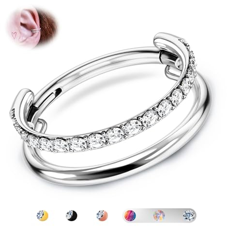 BodyBonita G23 Titane Cartilage Piercing Boucle Clicker 16G CZ Double Septum Anneaux Conch Piercing Bijoux Tragus Daith Helix Boucles d'oreilles Anneaux de Nez Créoles pour Femmes Argentée 7mm