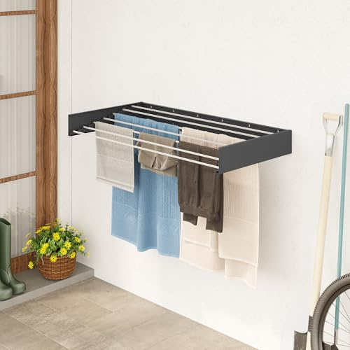AYZ Wall Mounted Drying Rack - Clothes Rail - 35kg Capacity - Easy to Install Indoor & Outdoor Use - Clothes Dryer - Drying Rack Laundry - Clothes Rails for Bedroom, Garden, Balconies (Grey, 120 Cm)