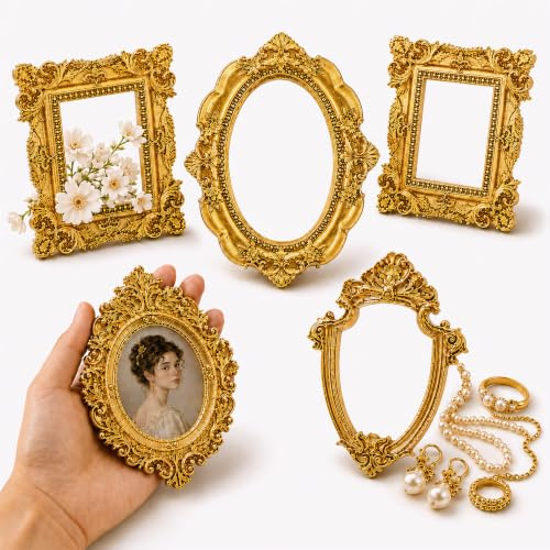 MAGICLULU 5 Stück Mini Bilderrahmen, Mini Bilderrahmen Vintage Set für Foto | Miniatur Bilderrahmen Gold Museum für DIY Basteln, Harz Kleine Barock Foto Requisiten Dekorativer Fotorahmen, für Heimdeko