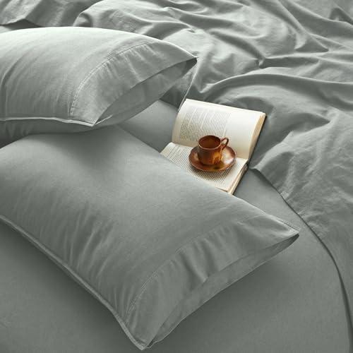 OnlySet 4Pcs Organic Linen Sheets Full Size, 100% French Linen from Normandy, Tear-Resistant Earl Gray Bed Sheets Full Sheet Set with 16 Inch Deep Pocket, 1 Flat Sheet, 1 Fitted Sheet, 2 Pillowcases