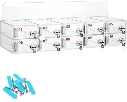 Kensbro Taquilla para Guardar Móviles, 10 Compartimentos Acrílico Caja Almacenamiento Personal, Caja Móviles con Cerradura Llave, Armario de Pared con Ranura Tarjetas, para Aulas y la Fábrica
