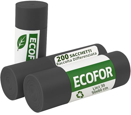 ecodrinks - Multipack 200 Sacchi Spazzatura per Indifferenziata - Resistenti ed Extra Forti - Grammatura Media - Buste Immondizia per Uso Domestico, Ufficio e Attività Commerciali - 50x60