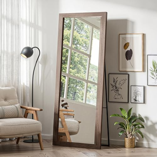 TRAHOME Full Length Wooden Mirror for Wall or Floor, 56x20 Rustic Farmhouse Solid Wood Frame with Stand, Large Rectangular Wall-Mounted or Leaning Mirror for Bedroom, Living Room, Entryway