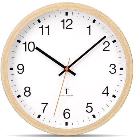 VIVILINEN - Reloj de pared con radio pilotado silencioso sin tic-Tac 30 cm y péndulo de pared, diseño moderno para dormitorio, cocina, sala de estar, cambio automático de hora (madera, 30 cm)