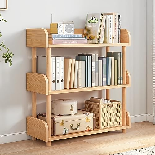 OSCHF 3-Ebenen offenes Holz Bücherregal - Modernes freistehend Regal mit Oberkante und Massivholzrahmen für Wohnzimmer und Büro, Regaleinheit, Eiche