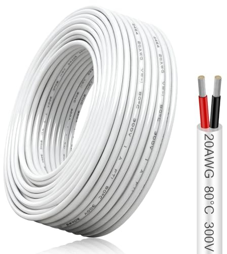 20 Gauge 10M/32.8ft Electrical Wire 2x0.5mm², 2 Core Extension Cable, 20 AWG Flexible 5V/12V/24V/300V Outdoor Cable, White Low Voltage Tinned Copper Wire